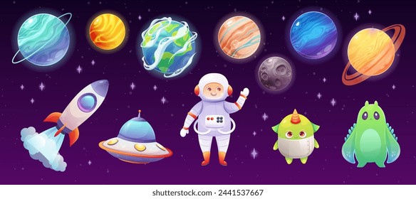 Set of space characters, planets and spaceships. Vector illustration in cartoon style for children and games