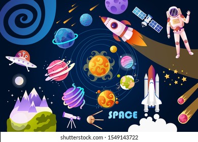 Set Of Space Colorful Cartoon Objects. Map Of The Solar System. Children's Design. Vector Illustration