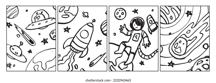 Set von Space-Farbseiten-Illustration für Kinder. Kollektion von Raketen, Sternen, Planeten und Astronautenlinien, handgezeichnet für das Farbbuch.