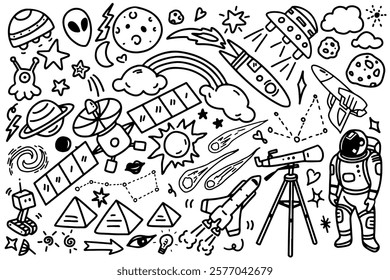 set of space cosmic doodle and symbols, cute for kid for decoration on white background. Hand drawn background with creative astronomy elements. Education and Science. Vector illustration.