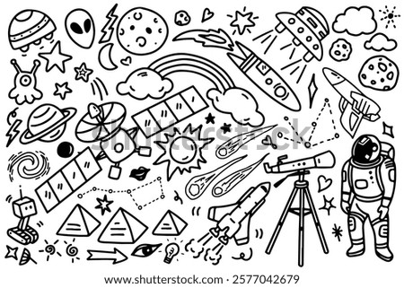 set of space cosmic doodle and symbols, cute for kid for decoration on white background. Hand drawn background with creative astronomy elements. Education and Science. Vector illustration.