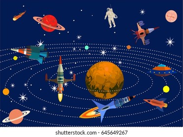 Set of space and cosmic objects, galaxy and planets vector illustration