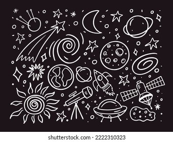 Set space or cosmos elements and objects doodle style. Hand drawn outline vector illustration isolated on black background.
