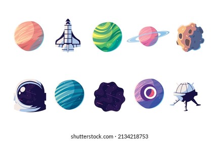 set of space cosmos planet, rocket and more