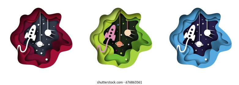 Set of space. Cut of paper, origami. Night, space, planets and satellites, rocket, spaceship, vector