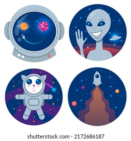 Set of space decor element vector illustration. Space clipart vector illustration. Round cartoon elements. Astronaut cat, spaceship and alien. 