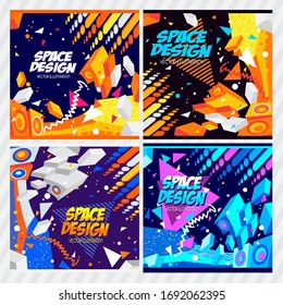 Conjunto de diseños de espacio: Ilustración vectorial.
Ilustración abstracta de tamaño cuadrado con fondo gráfico geométrico.
Aplicable a las tapas, volantes, banners, folletos, pantalones T.