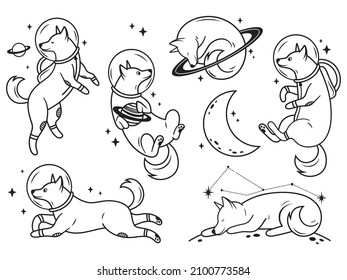 Set of space dog. Collection of dog with planets and star. Puppy travel into space. Vector illustration of cosmic pets in galactic.