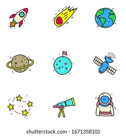 Conjunto de iconos de doodle de espacio en diseño adorable y pintado a mano aislado en fondo blanco 