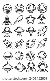 Set of space doodle icons. Hand drawn vector illustration.