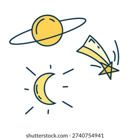 Set of space doodle icons with Saturn planet, crescent moon, and falling star. Minimalist celestial elements vector illustration. Cute hand drawn astronomy collection.