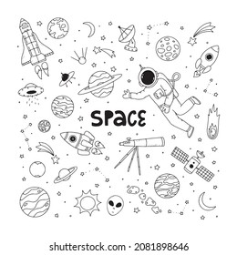 set of space doodles icolated on white background. Good for coloring pages, prints, cards, posters, scrapbooking, stationary, etc. EPS 10