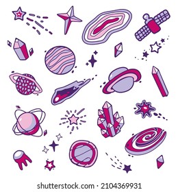 Set of space drawings. Space sketches. Vector isolated images of planets, stars, meteors, comets, asteroids and satellites. Universe doodle. Collection of galaxies.