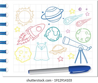 Set of space element doodle on notebook illustration