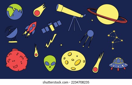 Set of space element on dark blue background. Telescope, planet, Earth, moon, comet, satellite, space dish, UFO, alien, rocket, radar, constellation. Vector illustration.
