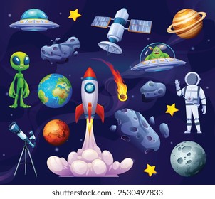 Conjunto de Elementos espaciales con alienígenas, planetas, asteroides y cohetes espaciales en una escena cósmica. Vector ilustración de dibujos animados