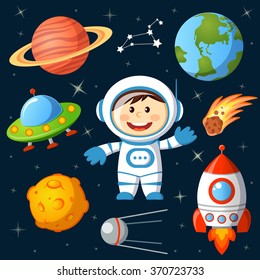 Set of space elements. Astronaut, Earth, saturn, moon, UFO, rocket, comet, constellation, sputnik and stars