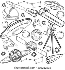 Set of space elements. Astronaut, Earth, Saturn, Moon, UFO, Rocket Comet Constellation Sputnik and stars