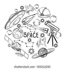 Set of space elements. Astronaut, Earth, Saturn, Moon, UFO, Rocket Comet Constellation Sputnik and stars