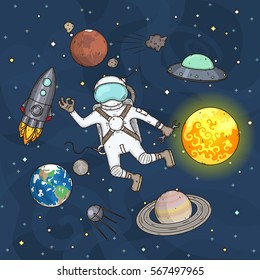 Set of space elements. Astronaut, Earth, Saturn, moon, UFO, rocket, comet, Mars, sun, sputnik and stars