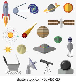 Set of space elements. Astronaut, planets, moon, UFO, rocket, comet sputnik and stars Flat vector illustration
