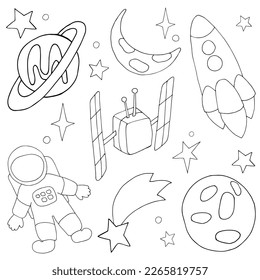 Set of space elements astronaut, rocket, satellite, planet, moon and stars on white background. Vector illustration for print,coloring book.