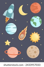 Conjunto de elementos del espacio, colección de dibujos animados del espacio, elementos de la galaxia, dibujos animados de los planetas 