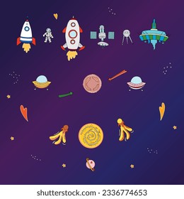 Set of space elements for children textile print. Vector doodle style illustration. Rocket, planet,star,ufo,comet, space satellite, astronaut. Print for kids activity book, textile. 