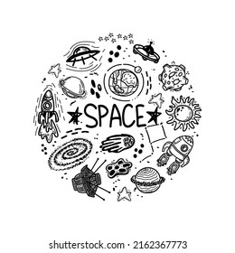 Set of space elements in a circle on a white background. Hand-drawn space inscription. Hand-drawn doodle style elements. Black hole. Rockets, satellite, flying saucer. Space objects and stars.