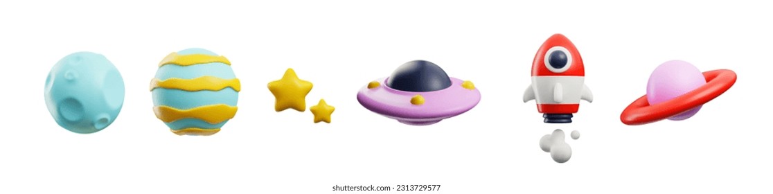 Set of space elements in cute 3d style, vector illustration isolated on white background. Rocket or spaceship launch, stars, UFO, saturn planet. Concepts of startup and astronomy.