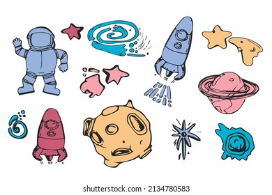 set of Space elements in the doodle sketch style. space rockets and ships, astronauts, star, comet, moon.