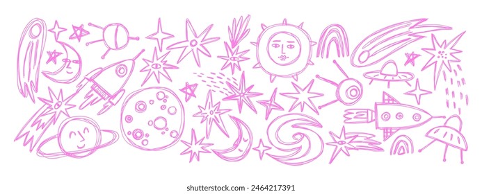 Set with space elements in doodle style. Icons of various astronomical objects. Hand drawn vector illustration.