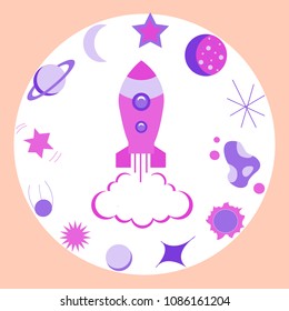 Set of space elements. Earth, saturn, moon, UFO, rocket, comet, constellation, sputnik and stars cartoon, a planet, a cosmos, a universe, is depicted in a circle. Vector illustration