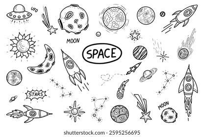 Set of space elements. Hand drawn doodle. Rocket flight to the stars. Planet satellite. Galactic traveler. Universe. Astronomical body. Meteorite, comet, constellation. Vector line art illustration.