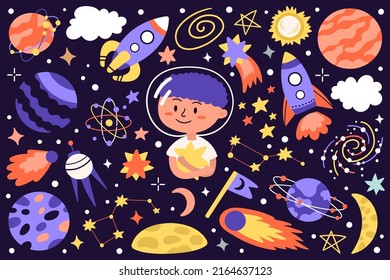 Conjunto de elementos espaciales con astronauta infantil, Tierra, saturn, luna, OVNI, cohete, cometa, constelación, sputnik y estrellas. Colección de iconos de espacio. Ilustración vectorial de dibujos animados