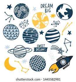 Set of space elements (planets, racket, stars). Doodle style. Vector illustration.