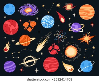 Conjunto de Elementos espaciales. Planetas, estrellas, cometas, asteroides. Ilustración vectorial plana.