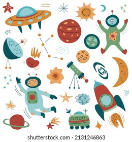 Set of space elements. Planets, UFO, rocket, comet, constellation, satellite and stars. Vector illustration isolated on white background