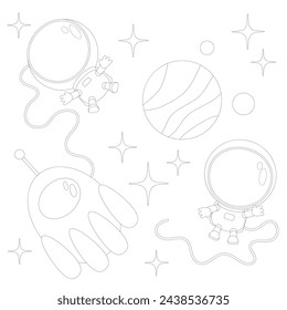 Conjunto de elementos espaciales: cohete, astronautas, planeta y estrellas sobre un fondo azul. Blanco y negro. Ilustración vectorial de dibujos animados para colorear libro.