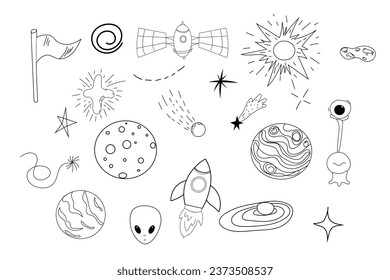 Set space elements ufo spaceship, rocket, satellite, stars and planets in doodle style isolated. Hand drawn collection 