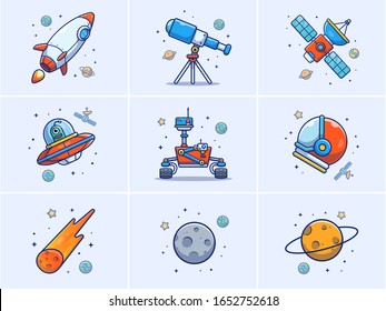 A Set Of Space Elements Vector Icon Illustration. Collections Of Space Icons Concept White Isolated. Flat Cartoon Style Suitable for Web Landing Page, Banner, Flyer, Sticker, Card, Background