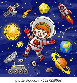 Set of space elements. Vector illustrations in cartoon style. Cute astronaut girl, spaceship, planets Earth and Saturn, moon, star Sun, spiral galaxy, comet, satellite, lunar rover and other. Universe