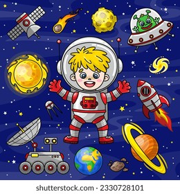 Set of space elements. Vector illustrations in cartoon style. Cute astronaut boy, rocket, planet Earth, moon, alien in flying saucer, Sun, galaxy, comet, satellite, lunar rover and others. Universe.