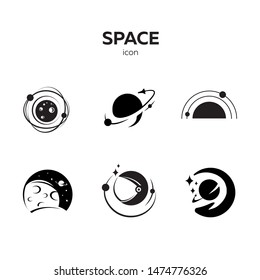 Set of space emblems, space logo, planet logo, flying rocket, astronaut helmet on a white background in black and white. For website, mobile application, technology, science. Vector illustration