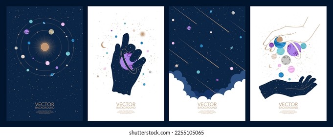 Set of space esoteric mystery magic cards and posters. Hand drawn mysterious vector illustrations. Astrology, occultism and alchemy concept.