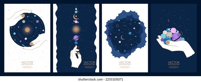 Set of space esoteric mystery magic cards and posters. Hand drawn mysterious illustrations. Astrology, occultism and alchemy concept in boho style.