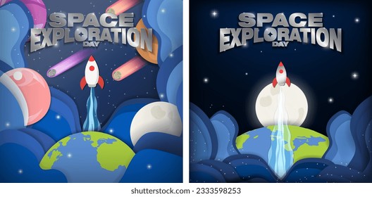Set of Space Exploration Day Colorful Paper Craft Art Posters. Bright and Vivid textured. Outer space with space ship from Earth, Sun, moon, asteroids. Celebrated July 20. Vector Illustration. EPS 10