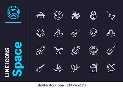 Set Of Space Exploration Icons Set Vector Illustration. Astronomy And Cosmos Line Icon. Earth, Moon, Star, Sun And Galaxy Concept