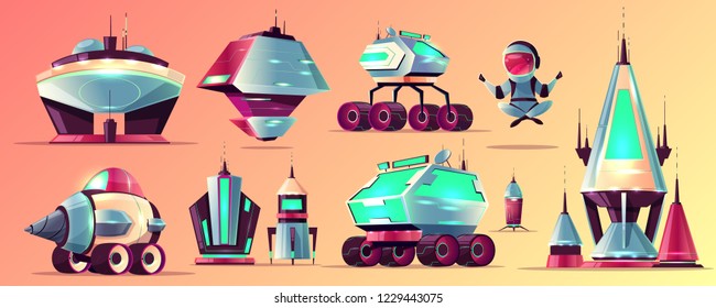 Set of space exploration rockets and vehicles, science fiction alien buildings cartoon vector icons. Futuristic spaceships, astronaut flying in weightlessness and mars rovers illustrations collection