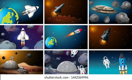 Set of space exploration scenes illustration